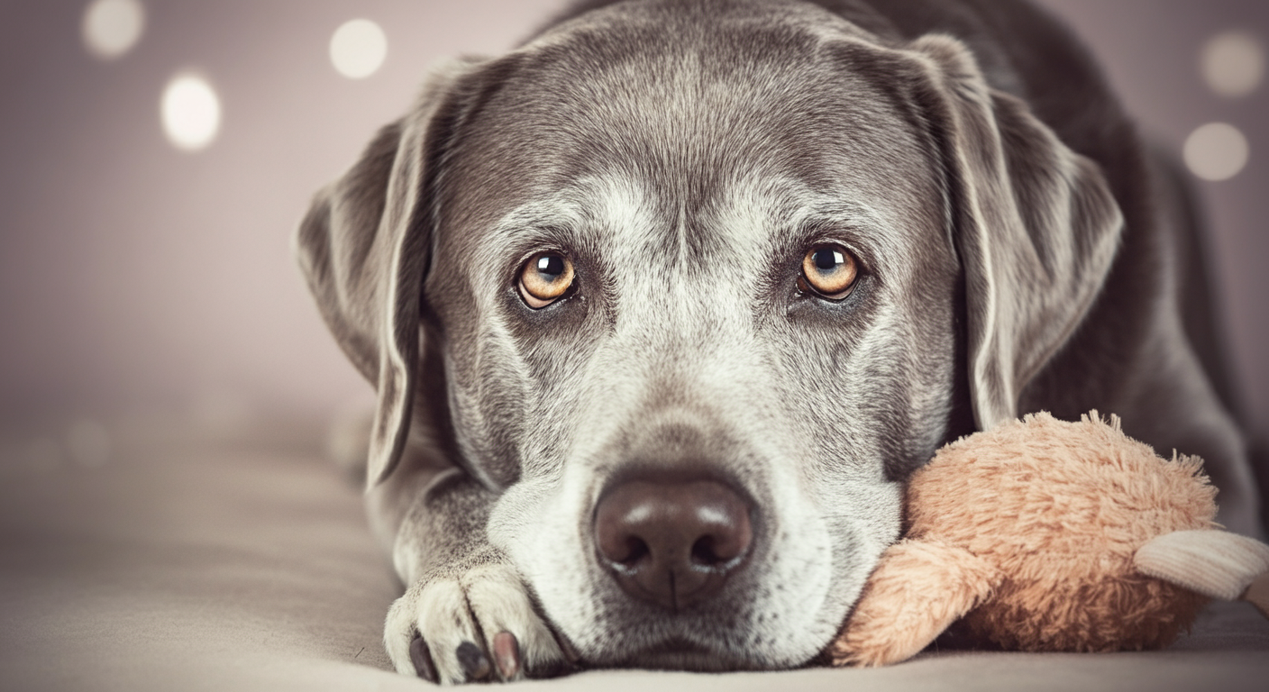 柔らかいおもちゃのそばで穏やかな表情を浮かべる老犬の顔