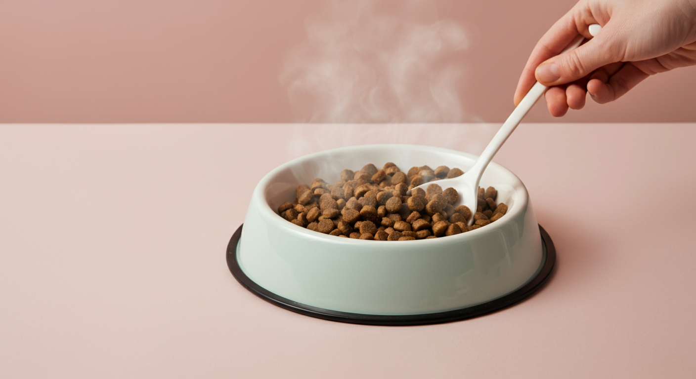 パステルカラーの背景に、湯気の立つ栄養豊富なドッグフードの器が置かれている写真。優しい手がフードを混ぜている。
