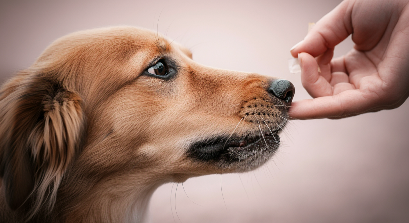 飼い主の指から優しくおやつを受け取る一匹の犬の鼻先のクローズアップ。