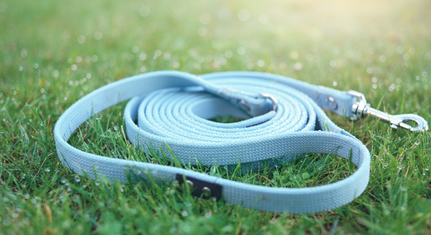 緑の芝生の上に、きれいに巻かれたパステルブルーのロングリード。