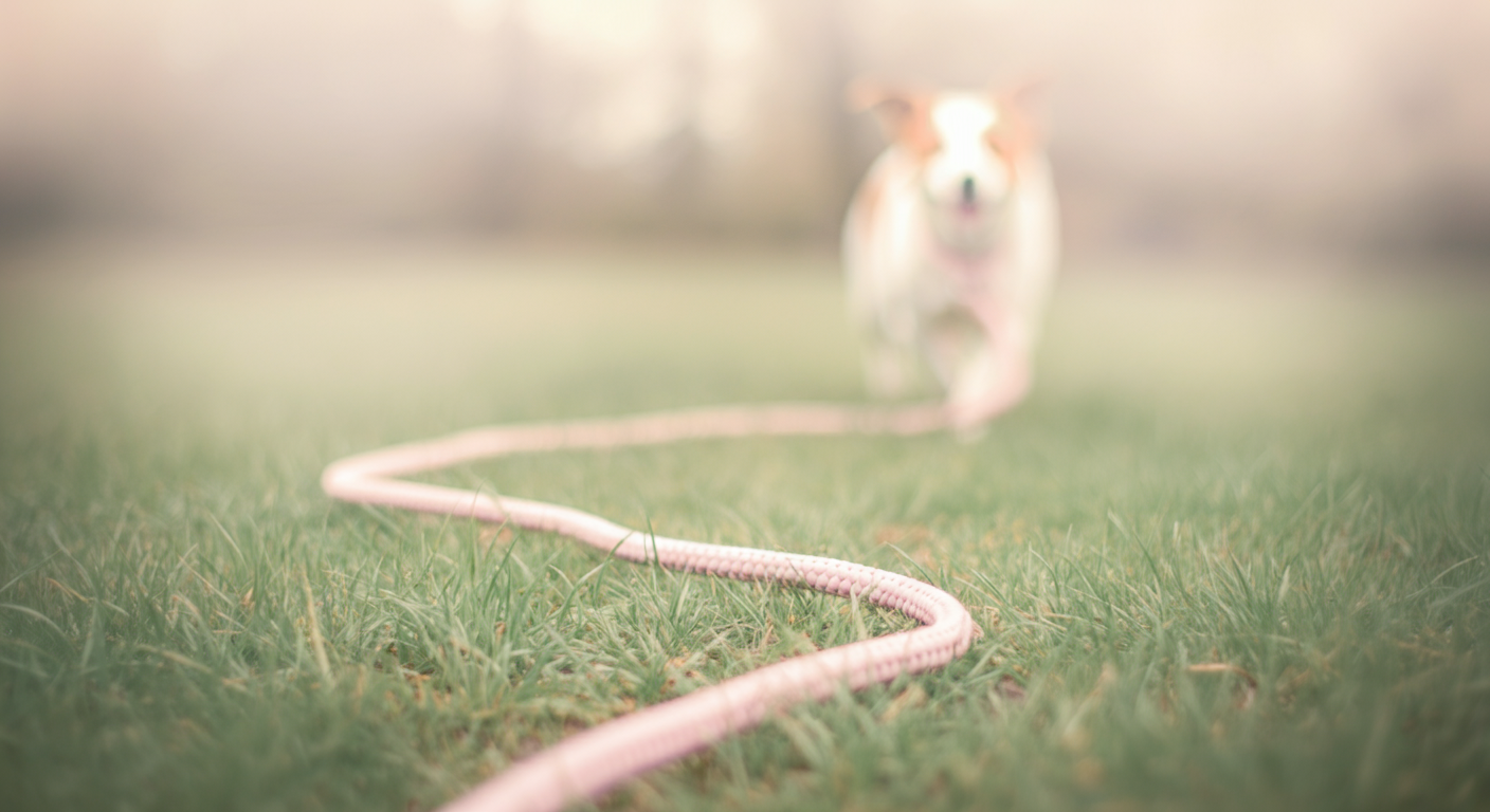 緑の広場を横切って伸びる一本の長いリード。リードの先は背景に溶け込んでいる。