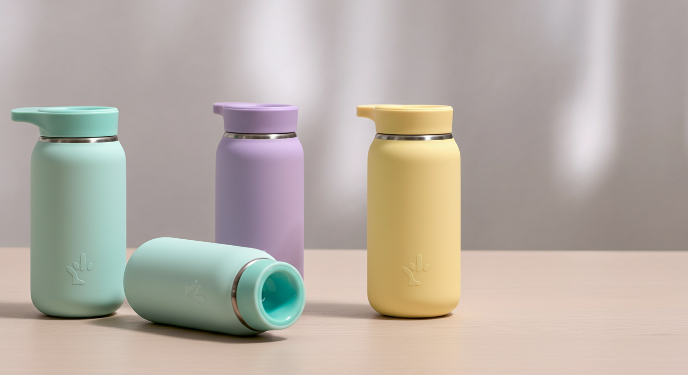 パステルカラーのスタイリッシュな犬用給水ボトルが3つ、明るい木製のテーブルの上に並べられている。ミニマルなデザインが強調されている。