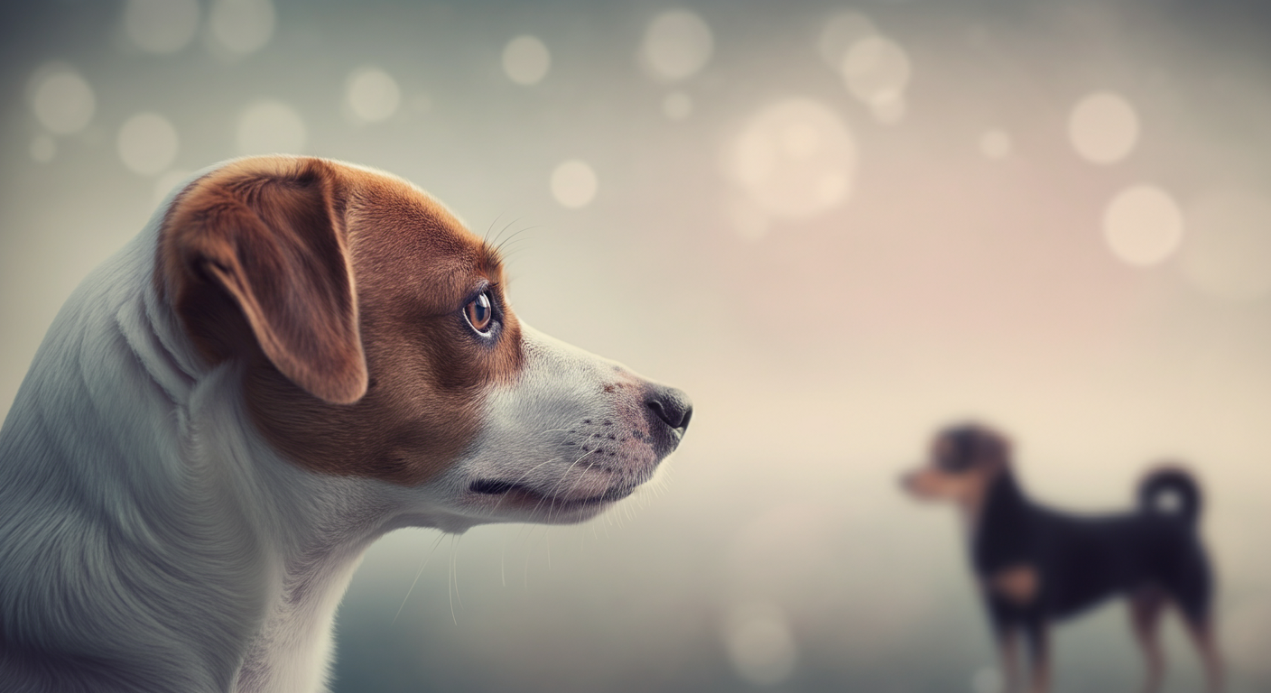 遠くにいる他の犬を、安全な距離から眺めている犬の横顔。