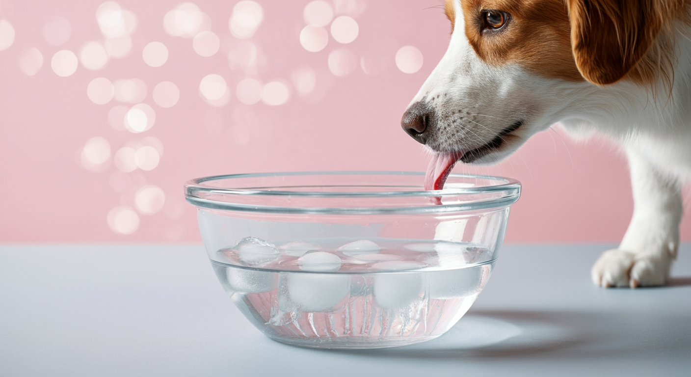 パステルカラーの背景に、氷が浮かんだ涼しげな水と、それを飲もうとしている犬の鼻先。