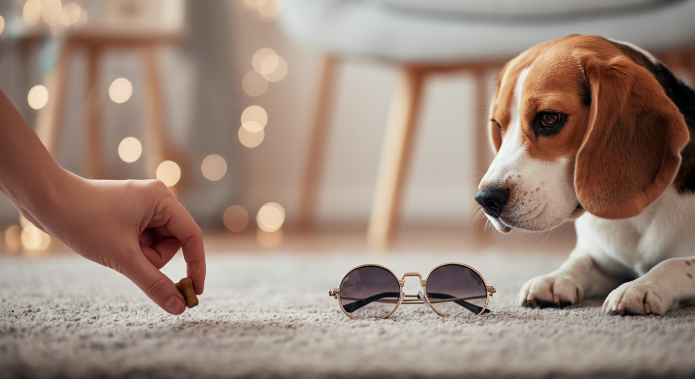 犬用サングラスの横に置かれたおやつと、それを嗅ぐ犬の鼻先。