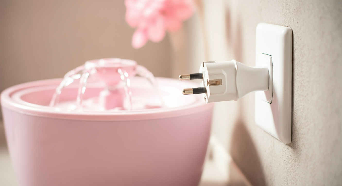 壁のコンセントに差し込まれたペット用給水器の電源コードにピントが合った写真。給水器本体は背景でぼかされている。