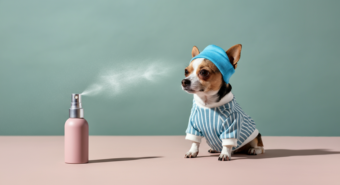 犬用クールウェアの隣に置かれたスプレーボトルから霧が噴射されている写真。