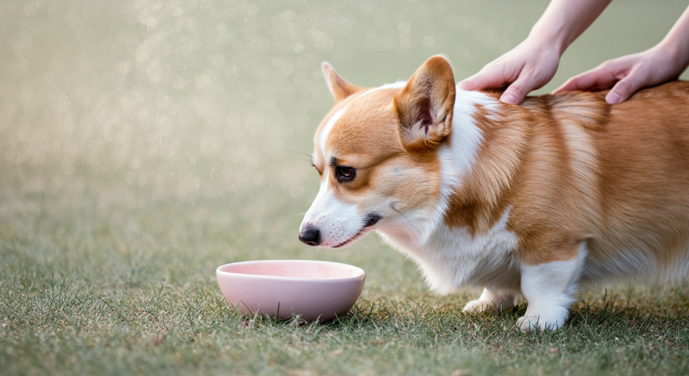 芝生に置かれたパステルピンクのボウルの匂いを嗅ぐコーギー。犬の背中には飼い主の手が優しく添えられている。