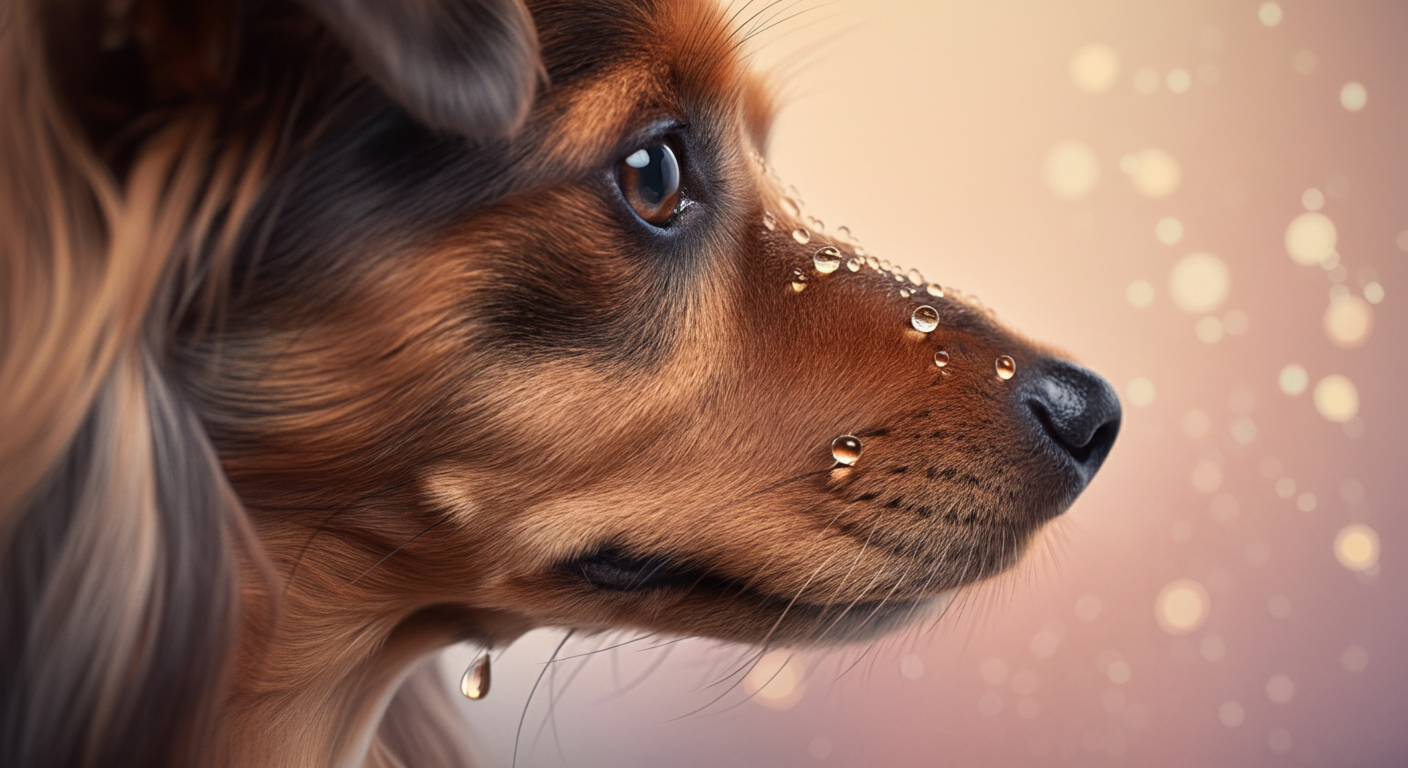 パステルカラーの優しい光の中、犬の艶やかな毛にオイルの雫が輝いている様子のクローズアップ。