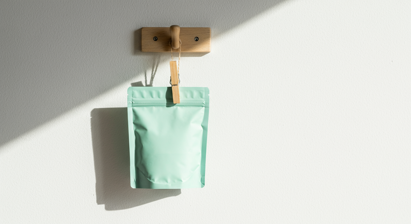 白い壁にかけられた木製のフックで、ミントグリーンのトリーツポーチが清潔に乾かされている様子。
