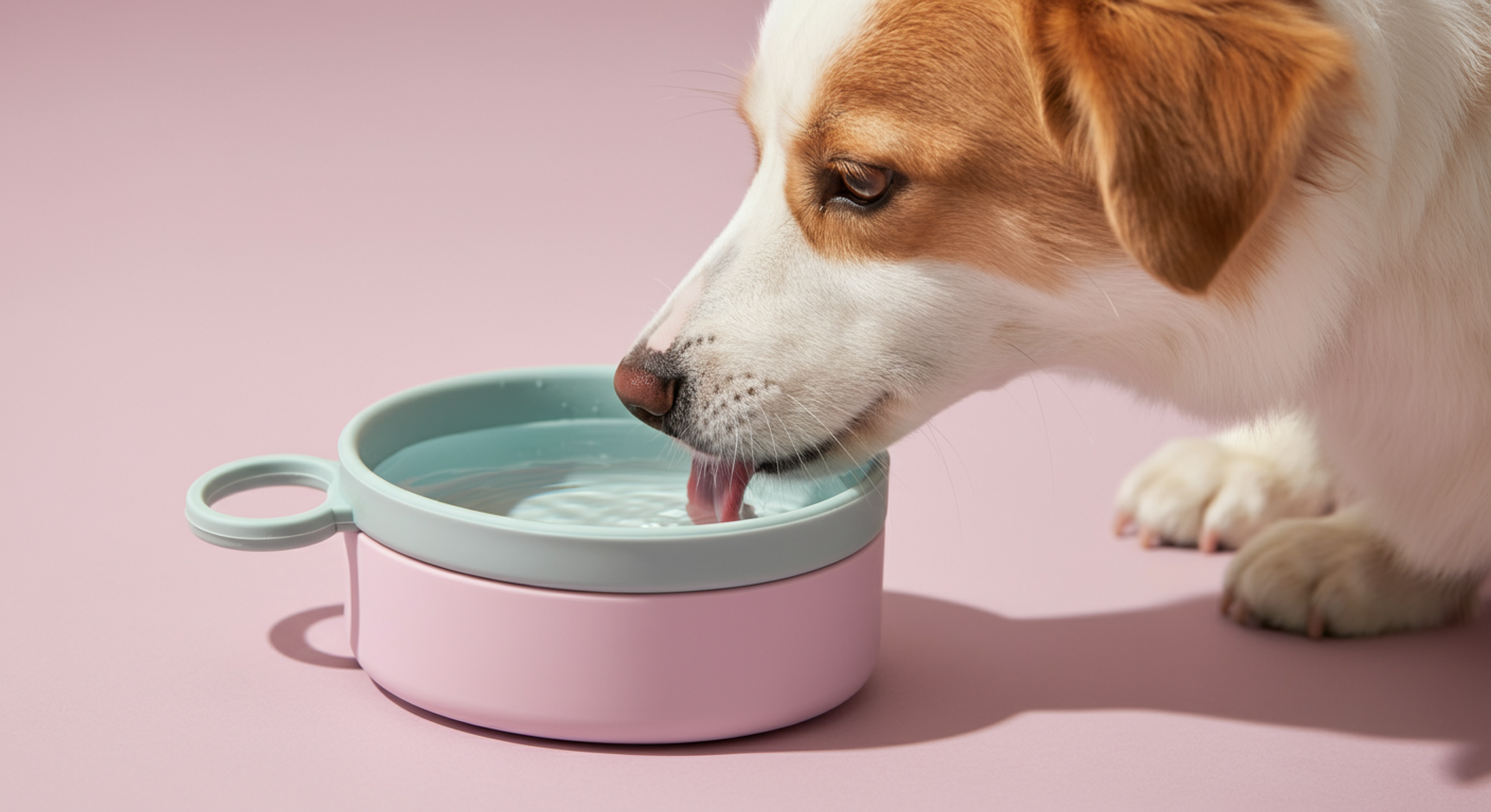 パステルカラーの携帯用ボウルから水を飲む犬の口元のクローズアップ。