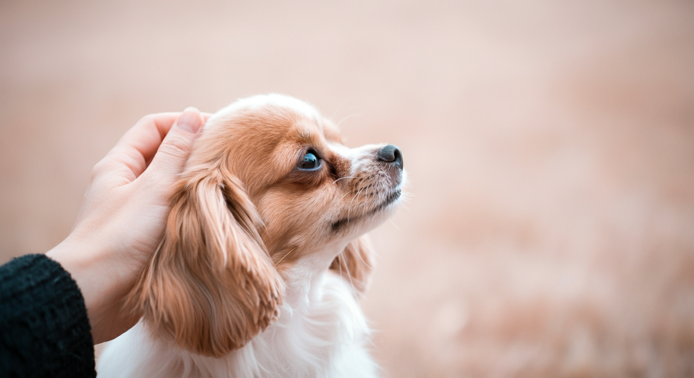 飼い主が犬の頭を優しく撫でている、愛情あふれる写真。