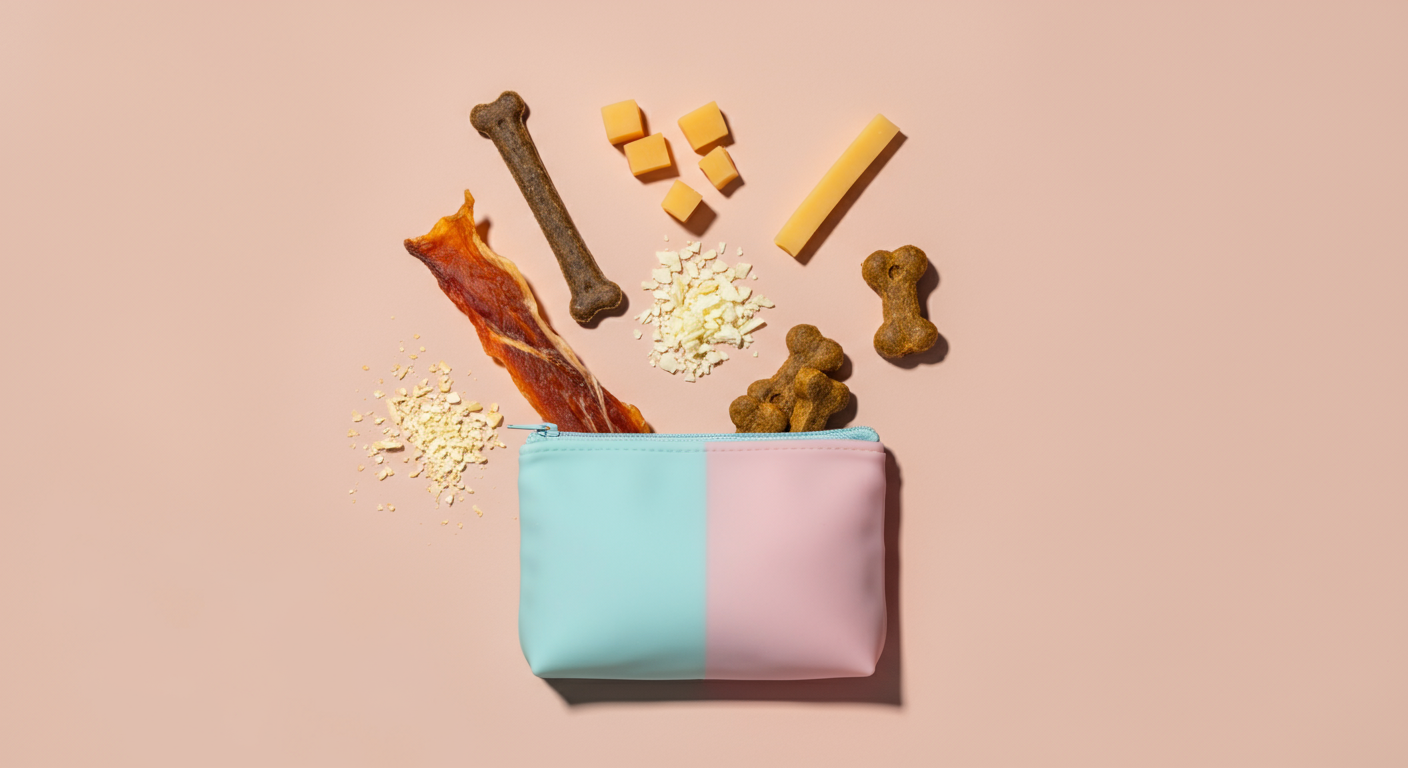 パステルカラーのシリコンポーチの中に、フリーズドライのささみなど数種類の犬用おやつがおしゃれに並べられている。