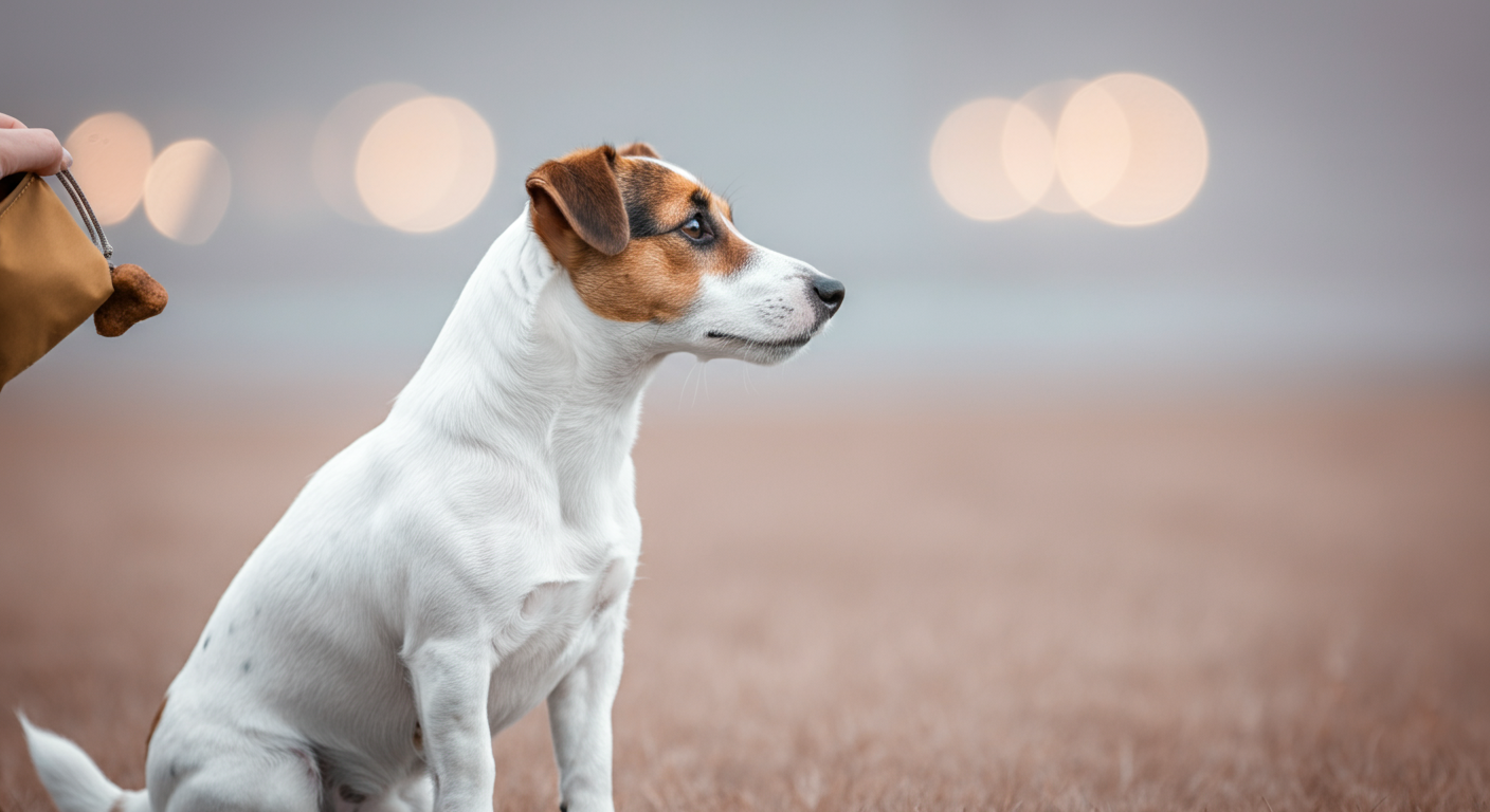 遠くを見つめて落ち着いて座っているジャックラッセルテリア。手前にはご褒美を準備しているトリーツポーチを持つ手が見える。