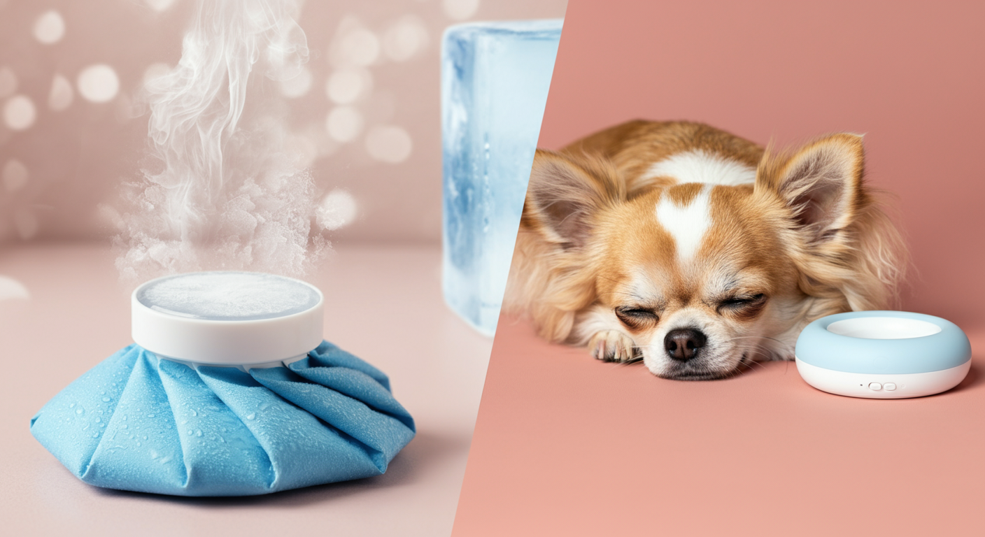 穏やかに冷えるタイプのクールリングと、気持ちよさそうに眠るチワワ。冷えすぎない優しさを表現している。