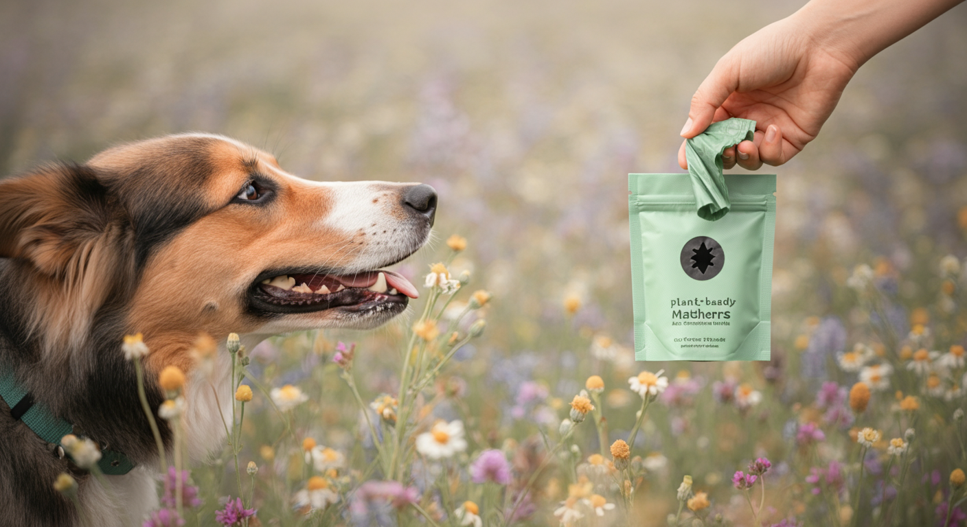 エコ素材のマナーポーチから、植物由来のコンポスタブルなビニール袋を一枚引き出している手元。