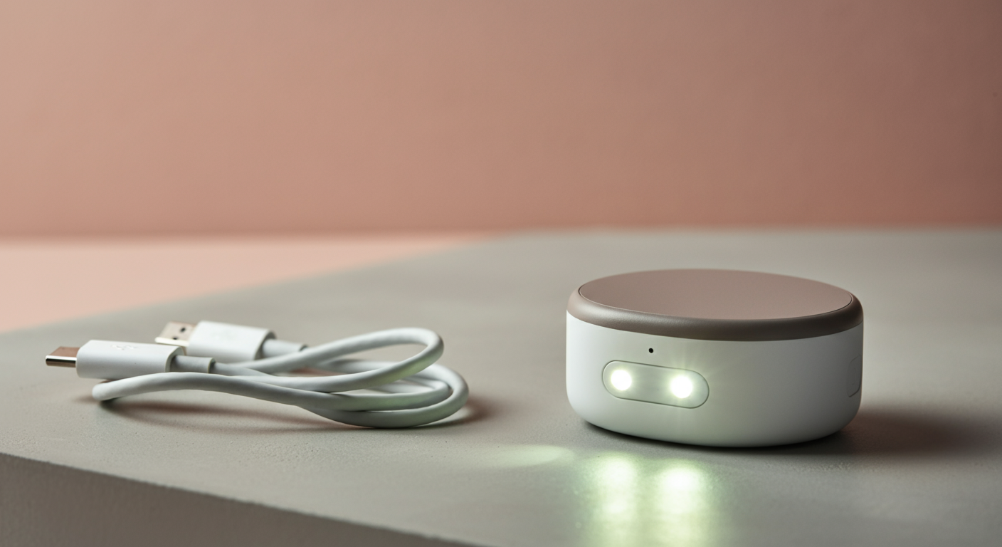 USB-Cケーブルの横に置かれた、充電式の犬用ライト