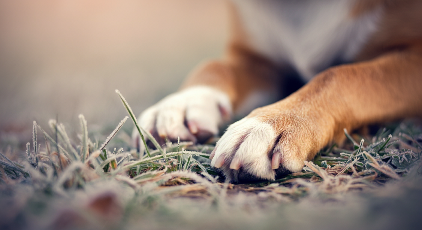 霜が降りた草の上に置かれた犬の肉球のアップ。冷たい空気感が伝わる写真。