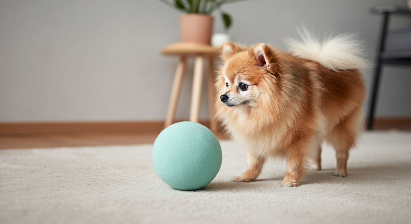 柔らかいラグの上を、布製のボールがゆっくりと転がっている。シニアのポメラニアンがそれを穏やかな表情で見つめている。