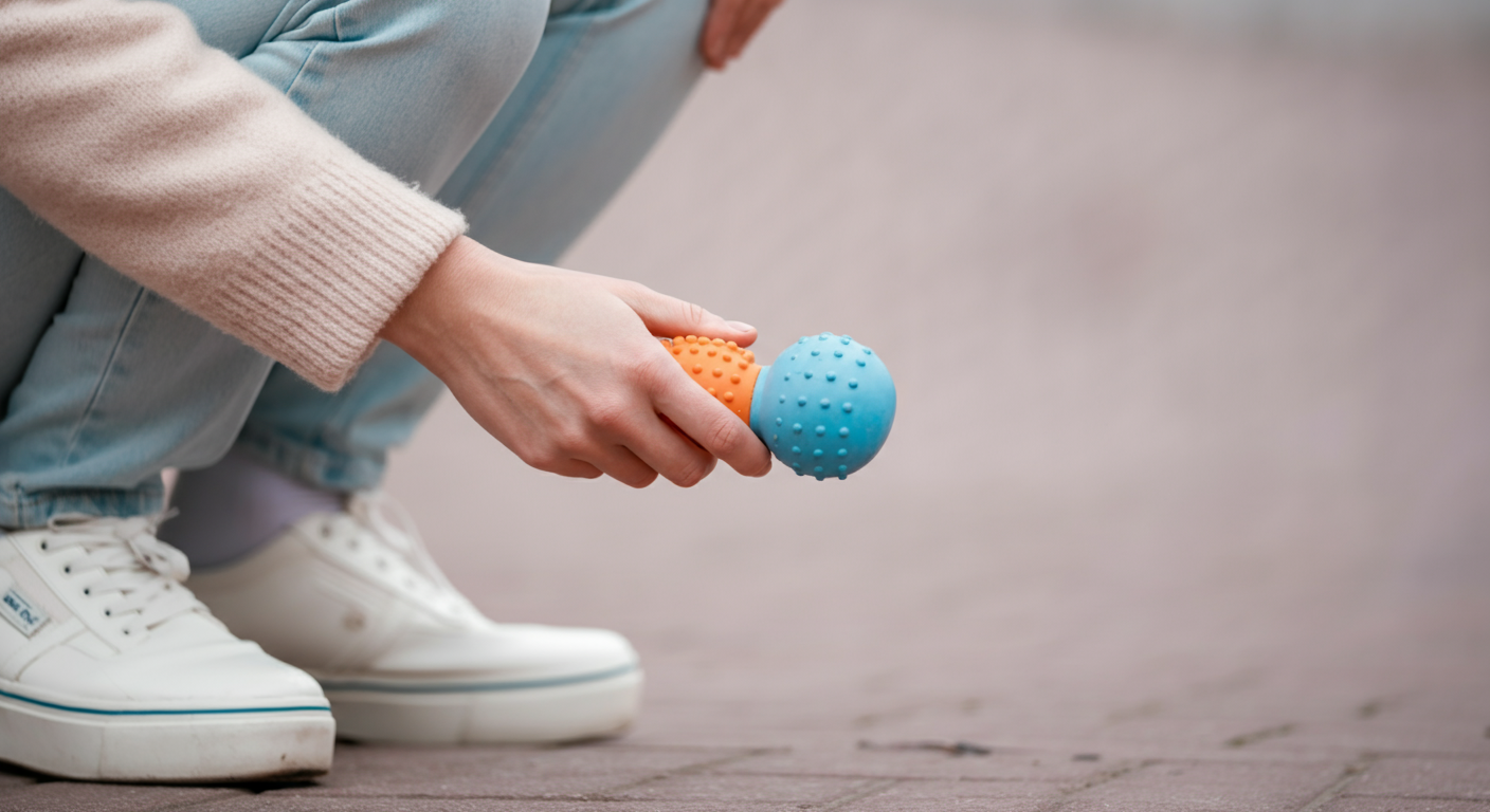 愛犬が戻ってこない時に、飼い主が体を低くして、音の鳴るおもちゃを持って優しく誘っている様子。