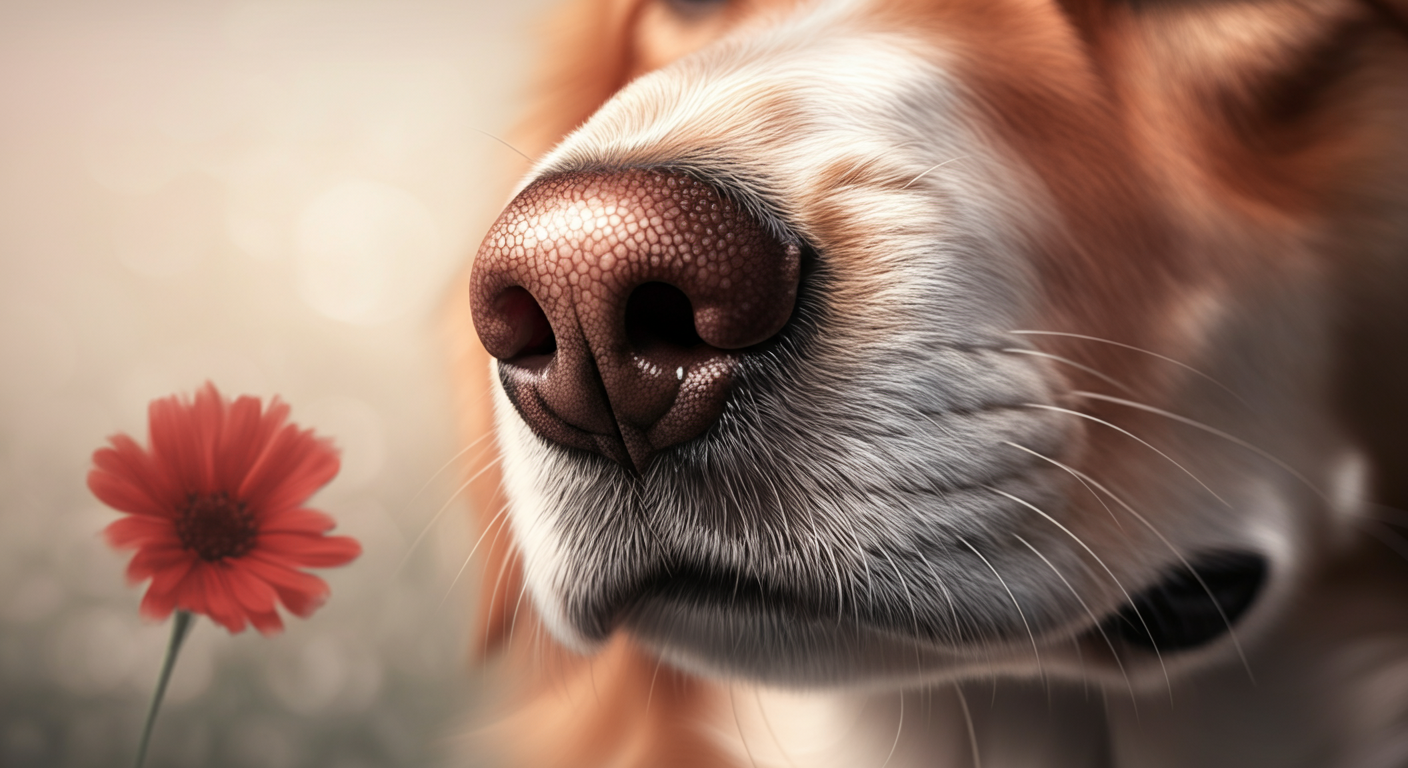 犬の鼻先のクローズアップと、背景にぼやけた赤い花