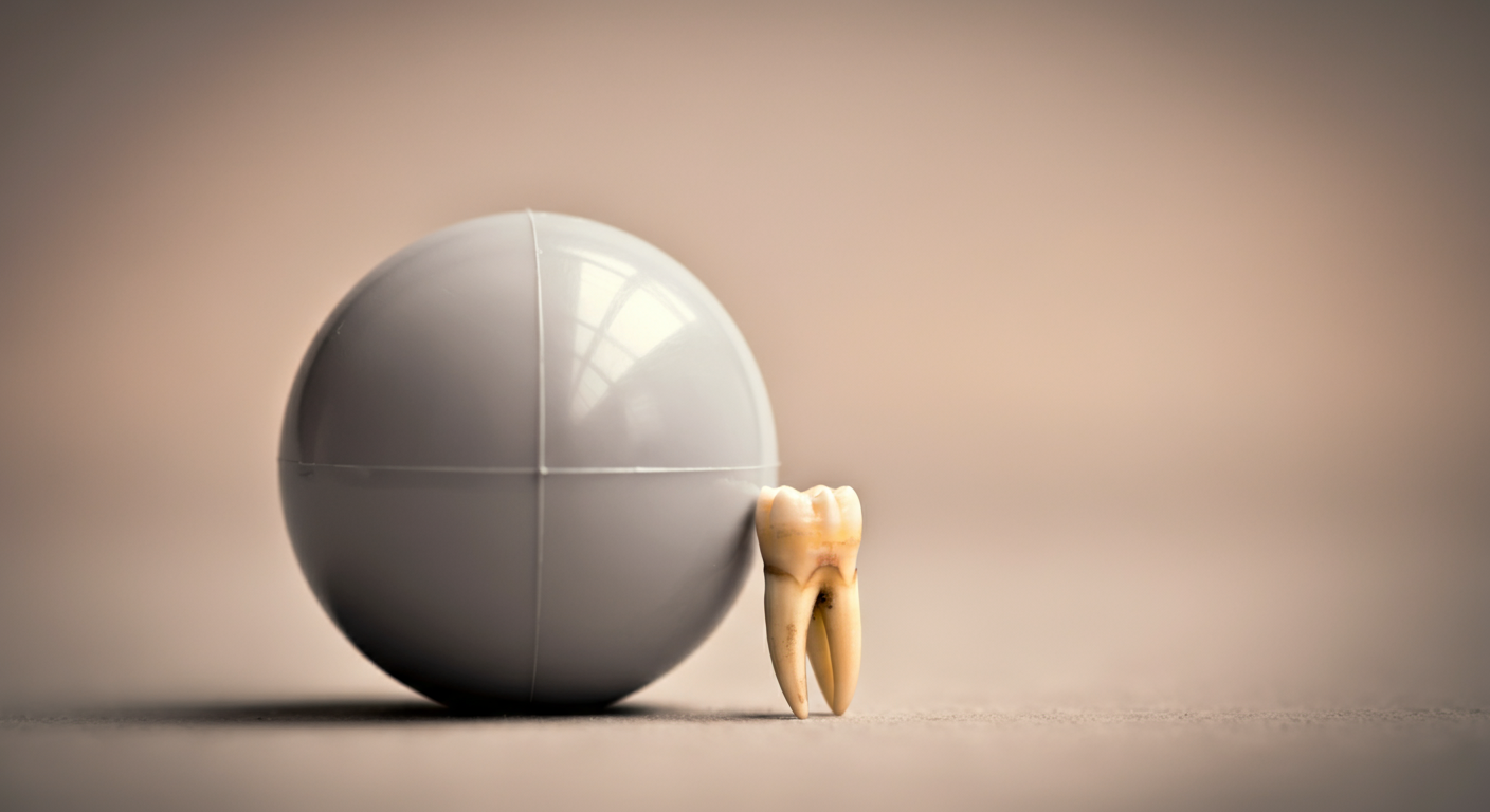 硬く光を反射するボールの隣に、健康な犬の歯(模型)が置かれている抽象的な写真。