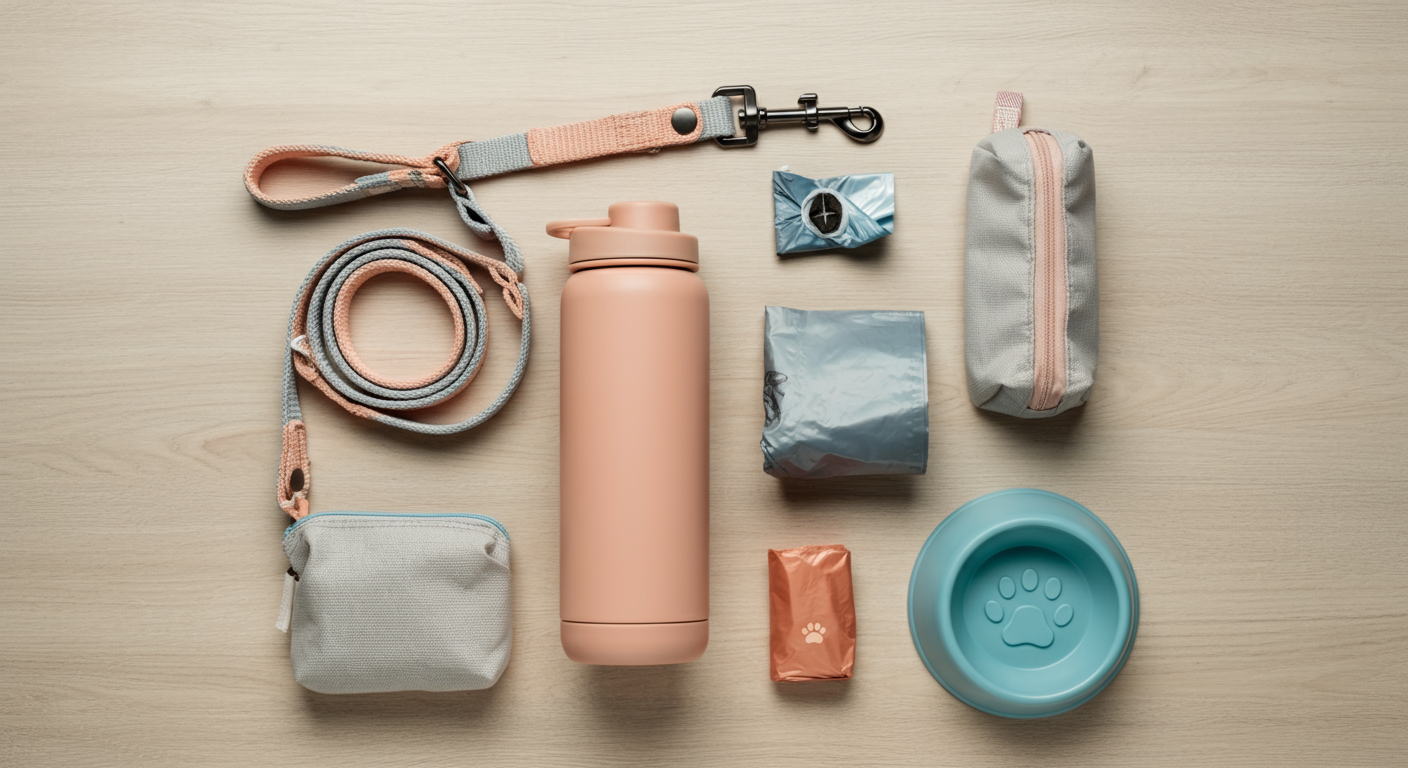 パステルカラーのリード、水筒、トリーツポーチ、うんち袋がおしゃれに並べられたフラットレイ写真。