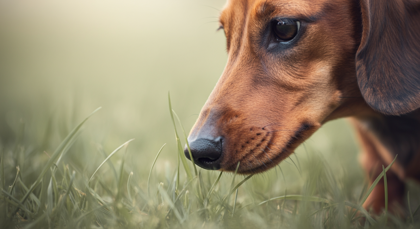 パステル調の柔らかな光の中、ダックスフントが地面の草の匂いを熱心に嗅いでいる様子のマクロ写真。犬にとっての探検と安心を表現している。