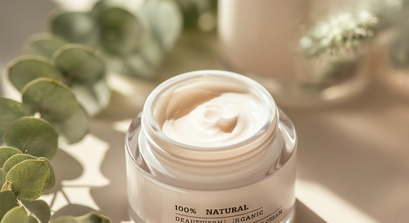 クリーム容器に貼られたラベルの「100% Natural」という文字のクローズアップ。