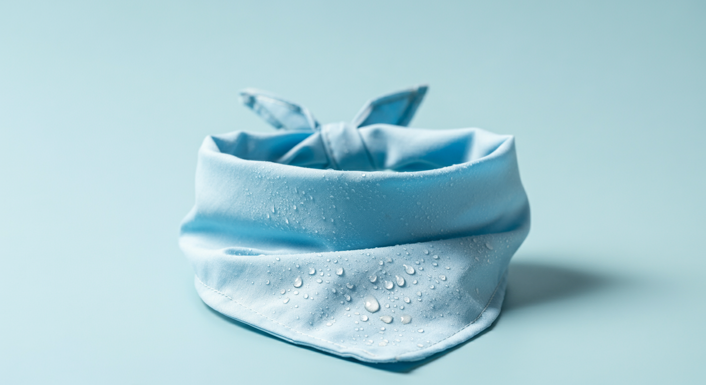 水色でひんやり素材の犬用バンダナのマクロ写真。生地の表面についた水滴が光に反射してきらめいている。