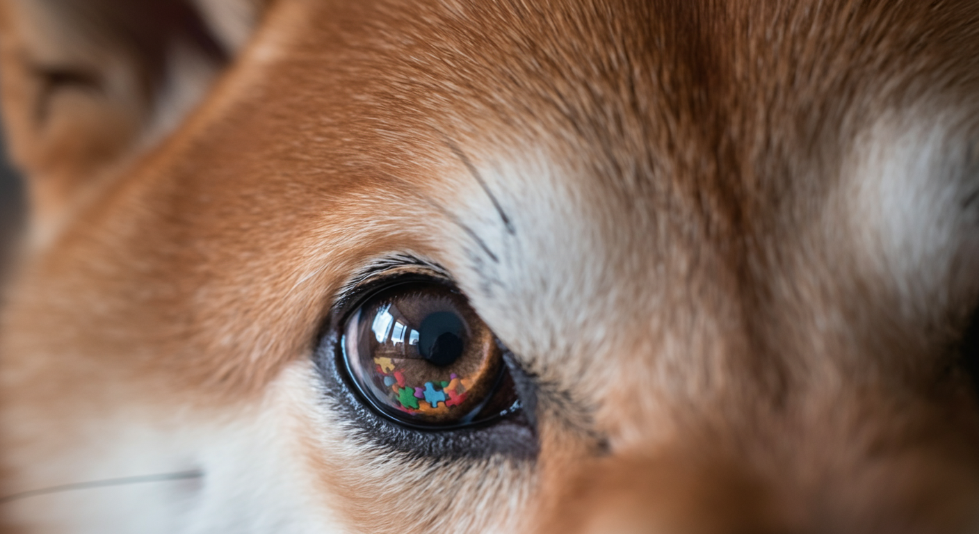 カラフルなパズルトイを映しこんだ、柴犬の集中している瞳の超クローズアップ写真。