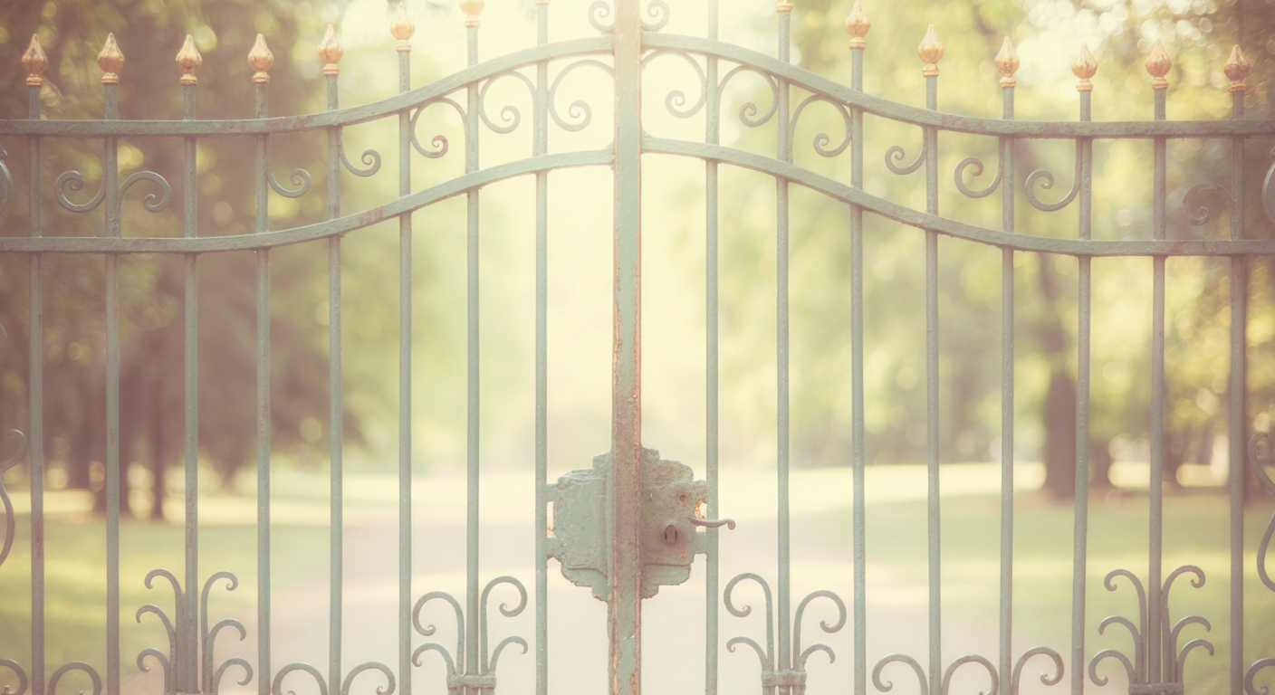 早朝の柔らかい光に照らされた、誰もいない公園の門。静かな時間帯を象徴している。