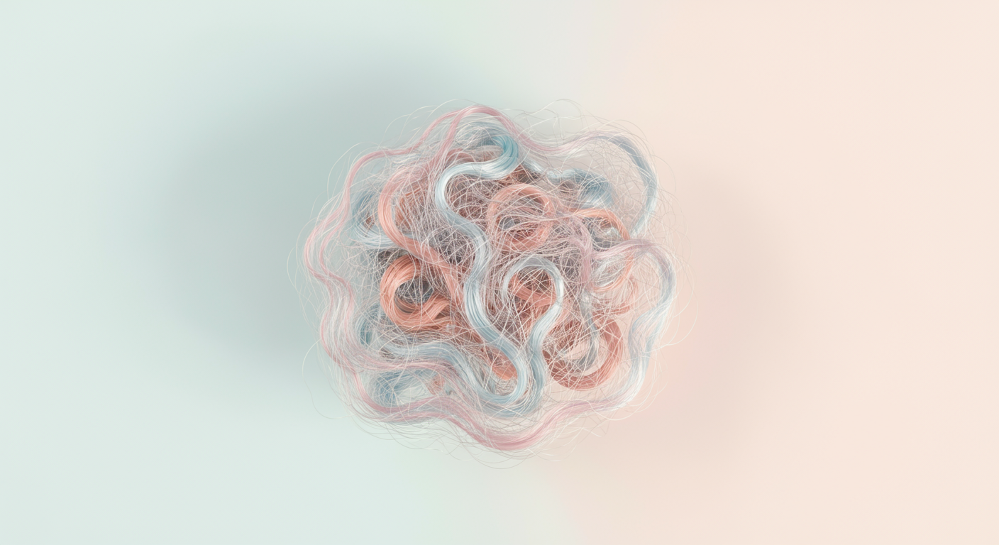 パステルカラーの繊細な糸が絡み合っている抽象的な写真。脳と腸の複雑で敏感なつながりを象徴している。