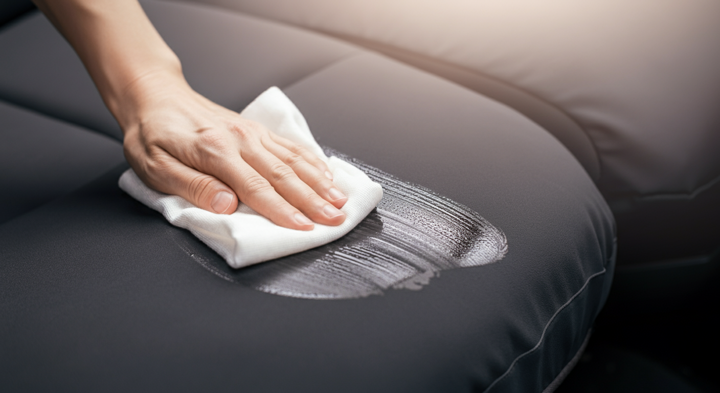 滑らかなダークグレーのシートカバーについた泥の筋を、湿った布でさっと拭き取っている手元の写真。簡単さを表現している。