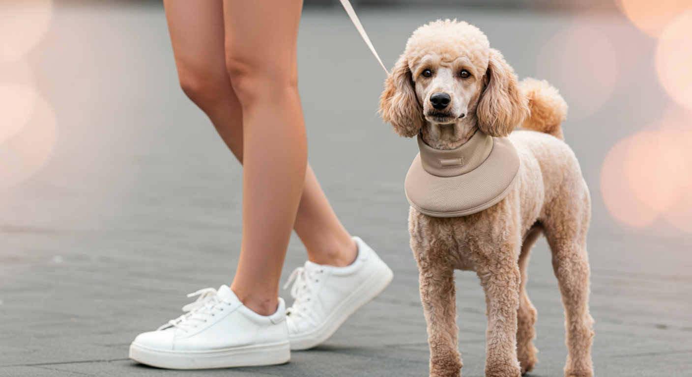 白いスニーカーを履いた飼い主の足元と、お揃いのベージュ色のクールネックをつけた犬が並んで歩いている、スタイリッシュな写真。