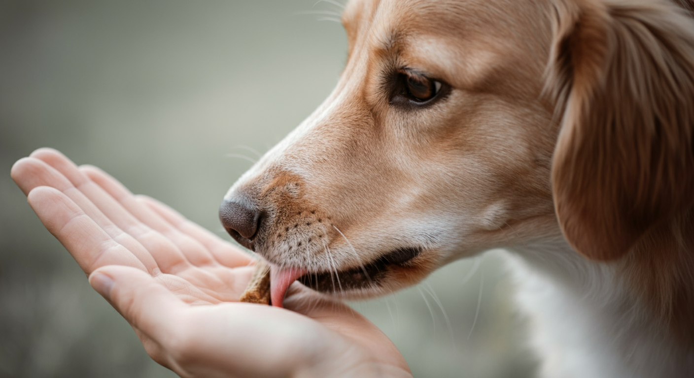 飼い主の開いた手のひらの上で、犬が優しくおやつを食べている瞬間の親密なクローズアップ写真。