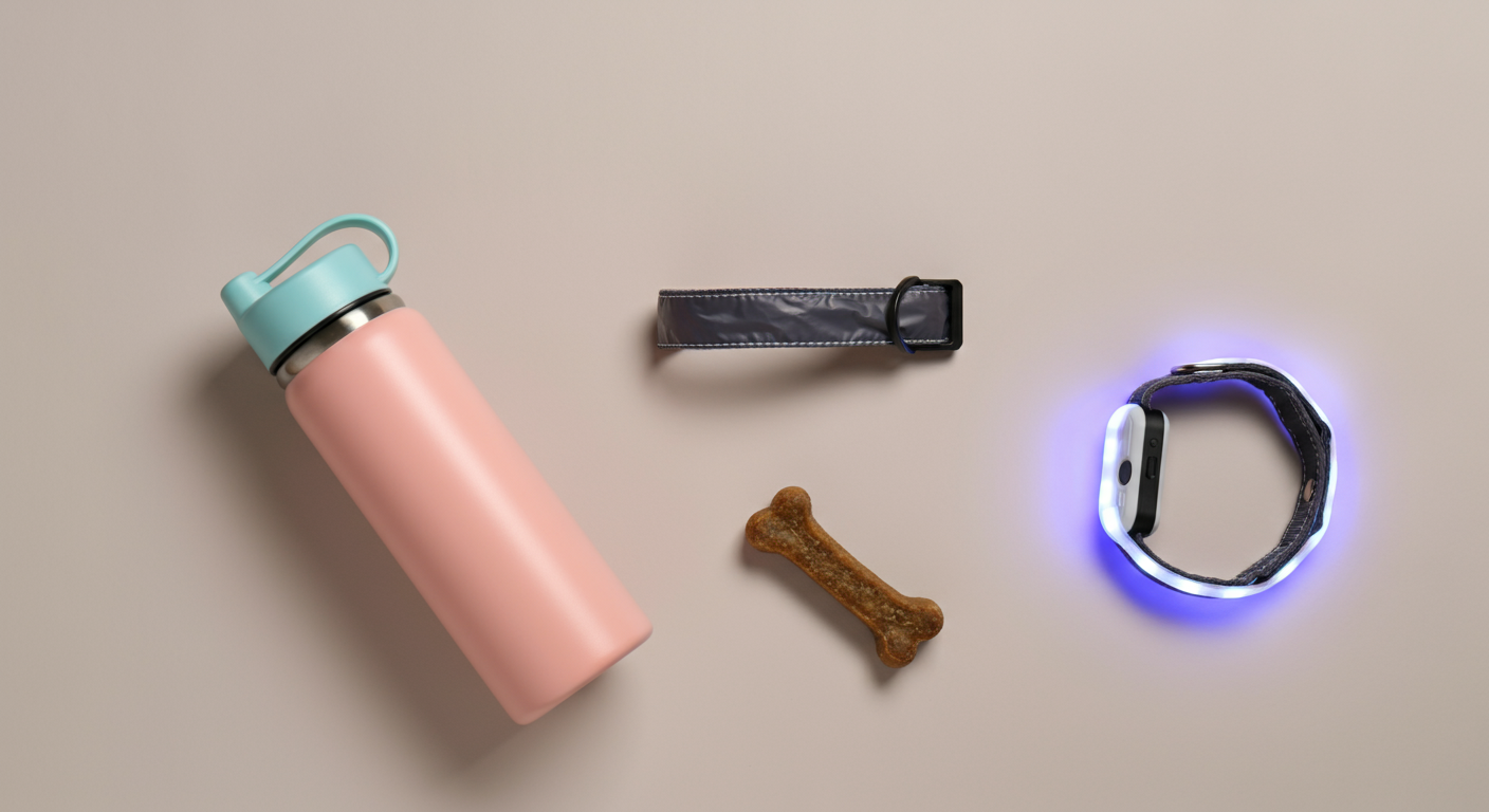 清潔感のある背景に、水筒、うんち袋、おやつ、そして光るLEDライトといったドッグランの必需品が美しく並べられている。