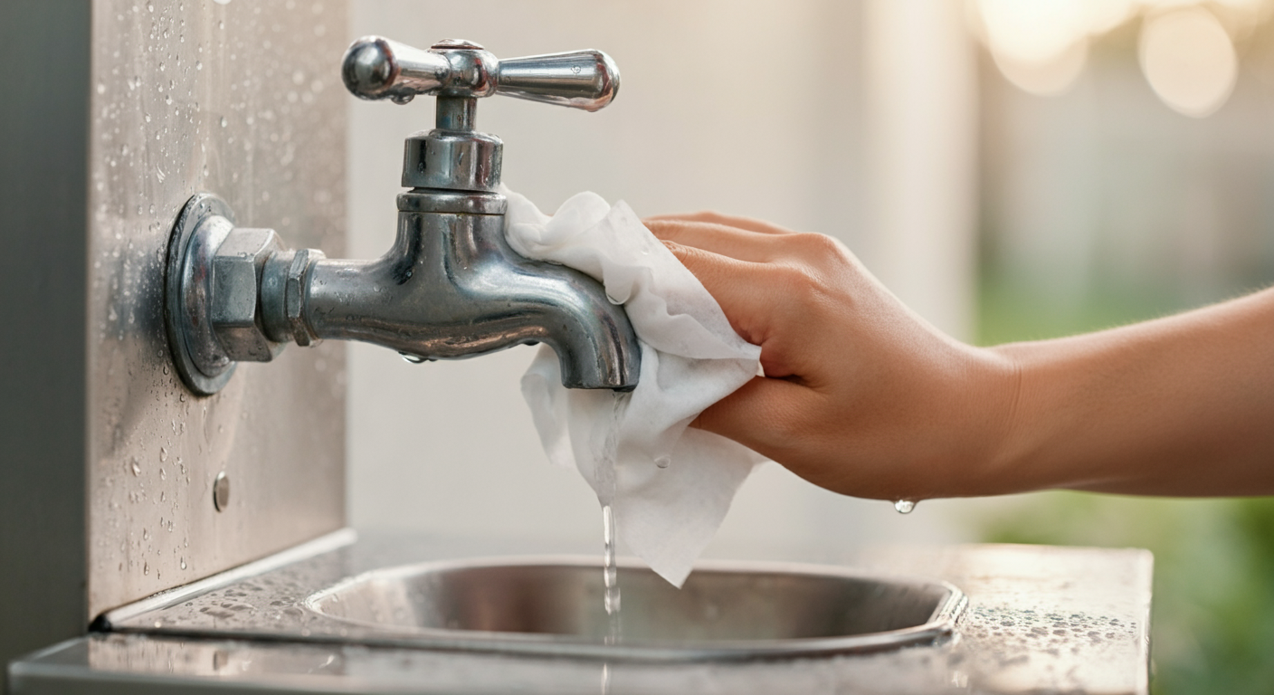 ドッグランの共有の水飲み場を、飼い主がウェットティッシュで拭いている手元の写真。