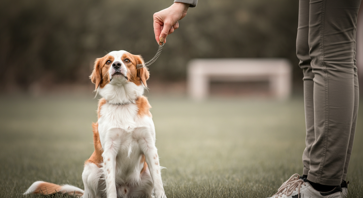 片手でトリーツを取り出す飼い主の手元と、集中して指示を待つ犬の真剣な眼差し。