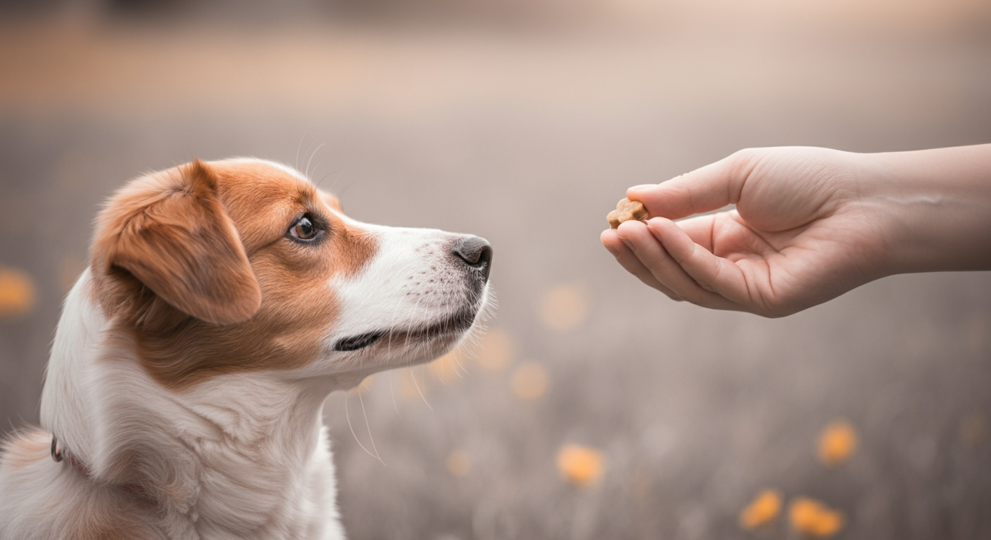 飼い主の手から特別なご褒美をもらう犬のクローズアップ写真。二人の間の絆に焦点が当てられている。