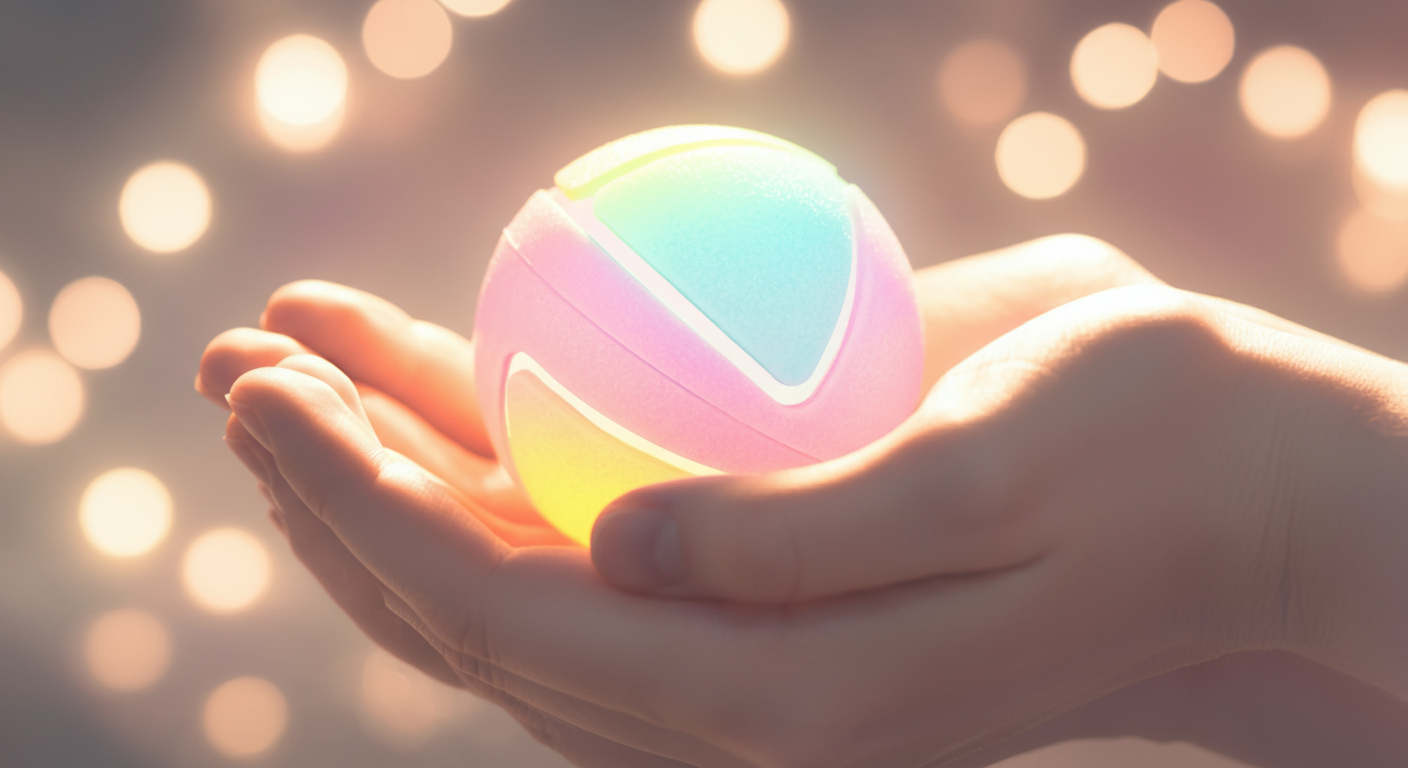 人の両手が、まるで宝物のようにパステルカラーのボールを包み込んでいる写真。ボールの価値を高める様子を表現している。