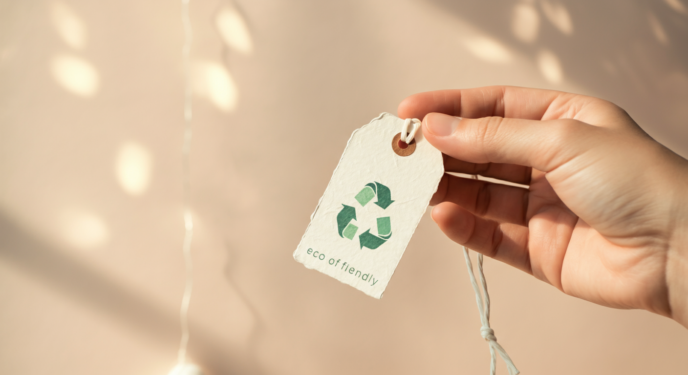環境に配慮したブランドの、リサイクル紙でできた製品タグを優しく持つ手