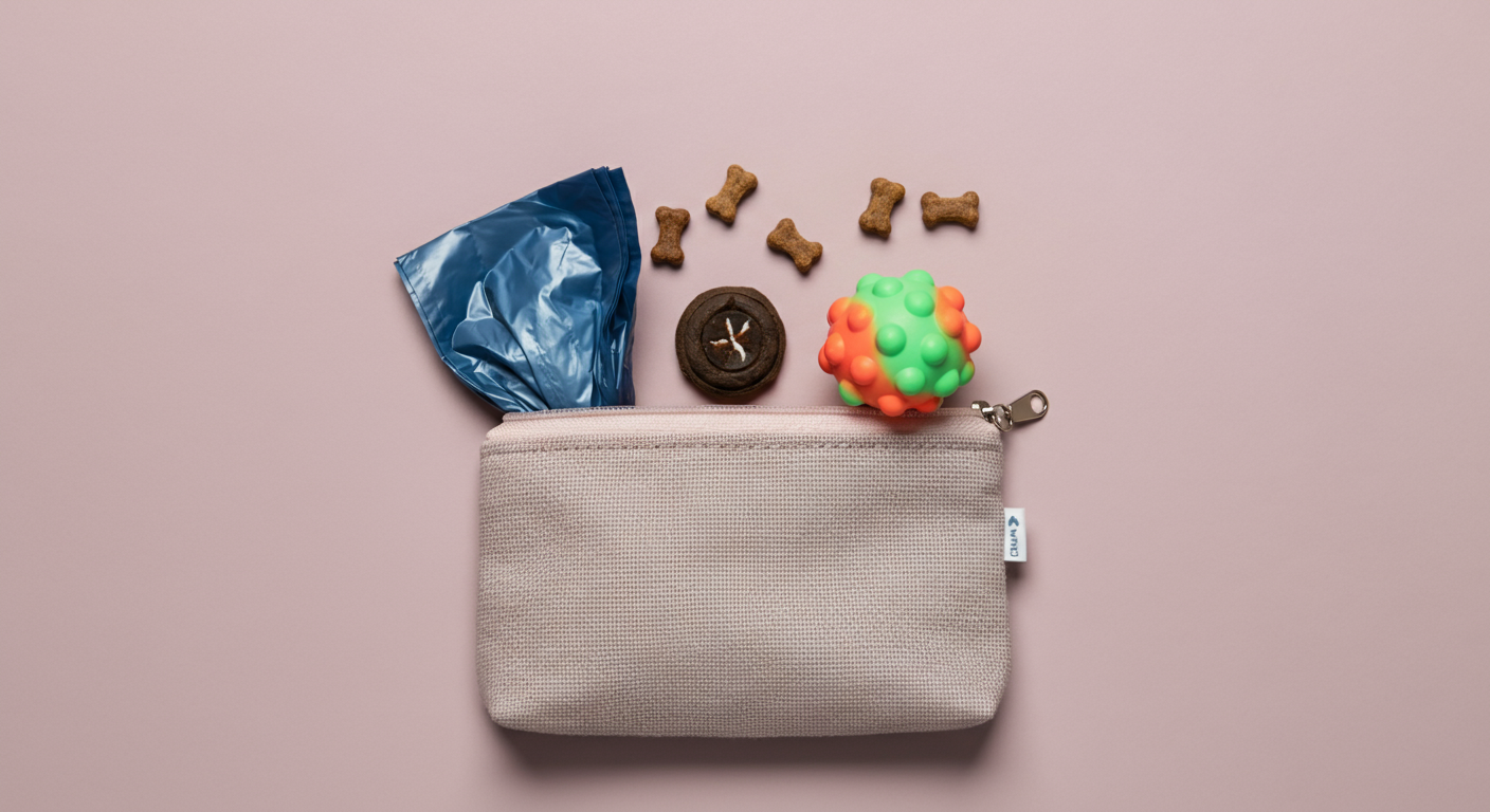 開いたトリーツポーチの中に、おやつではなく、うんち袋と小さなおもちゃのボールが入っている。