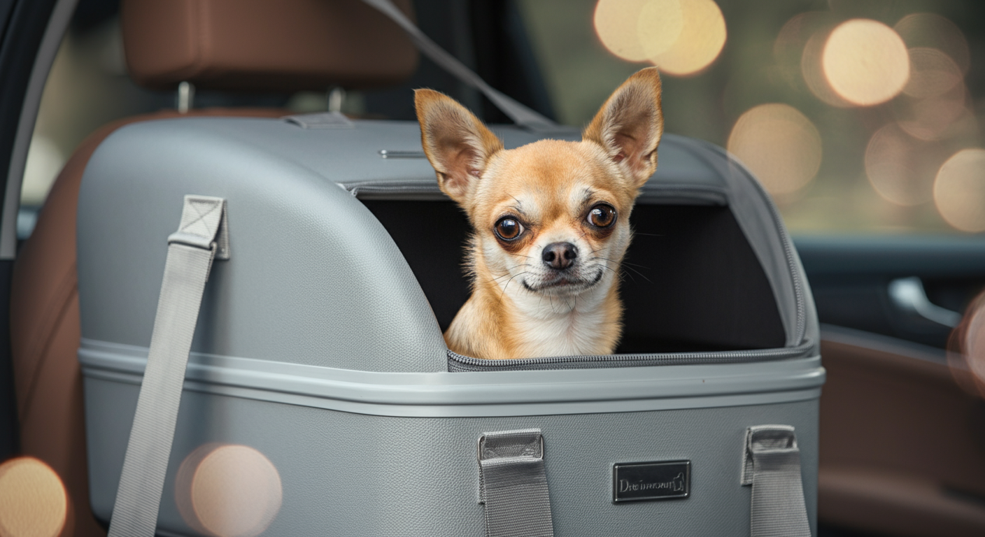 車の後部座席に設置されたドライブボックスから、顔をのぞかせるチワワ。