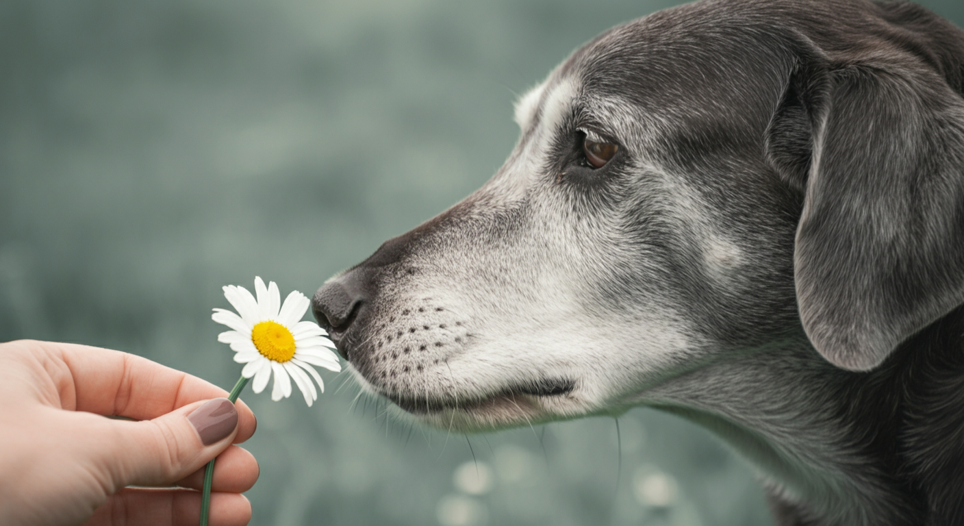 シニア犬が人の手に持たれた一輪のデイジーの香りを優しく嗅いでいる様子。
