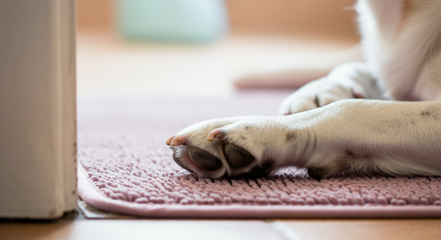 玄関マットの上に置かれた、きれいに拭かれた犬の足のクローズアップ。