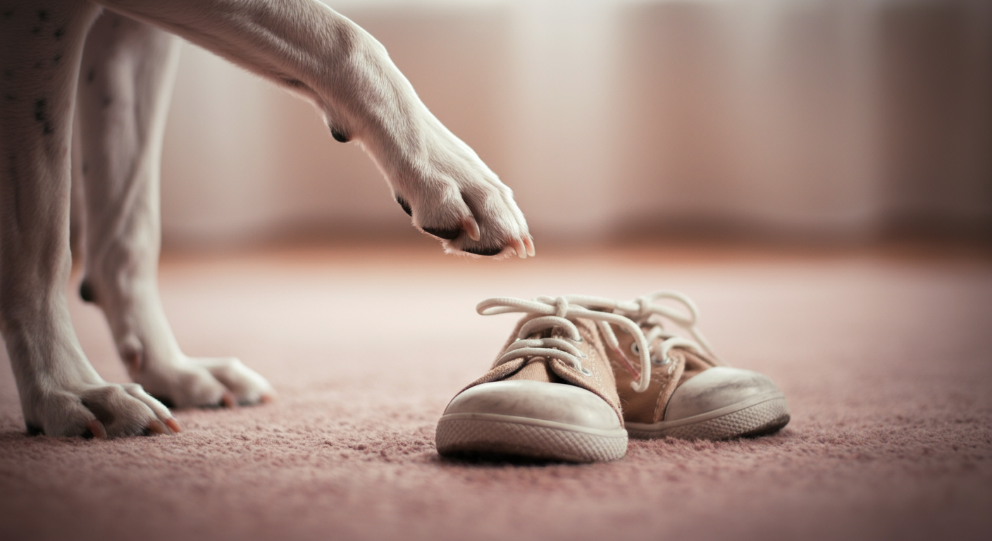 犬の足が、目の前に置かれた一足の靴に触れるのをためらっている様子の抽象的な写真。