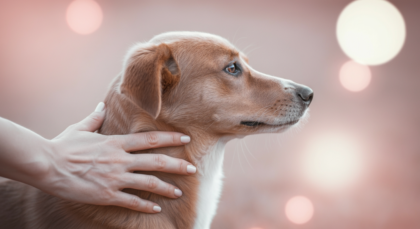 飼い主の手が、一匹の犬の首筋を優しく撫でている様子のクローズアップ。