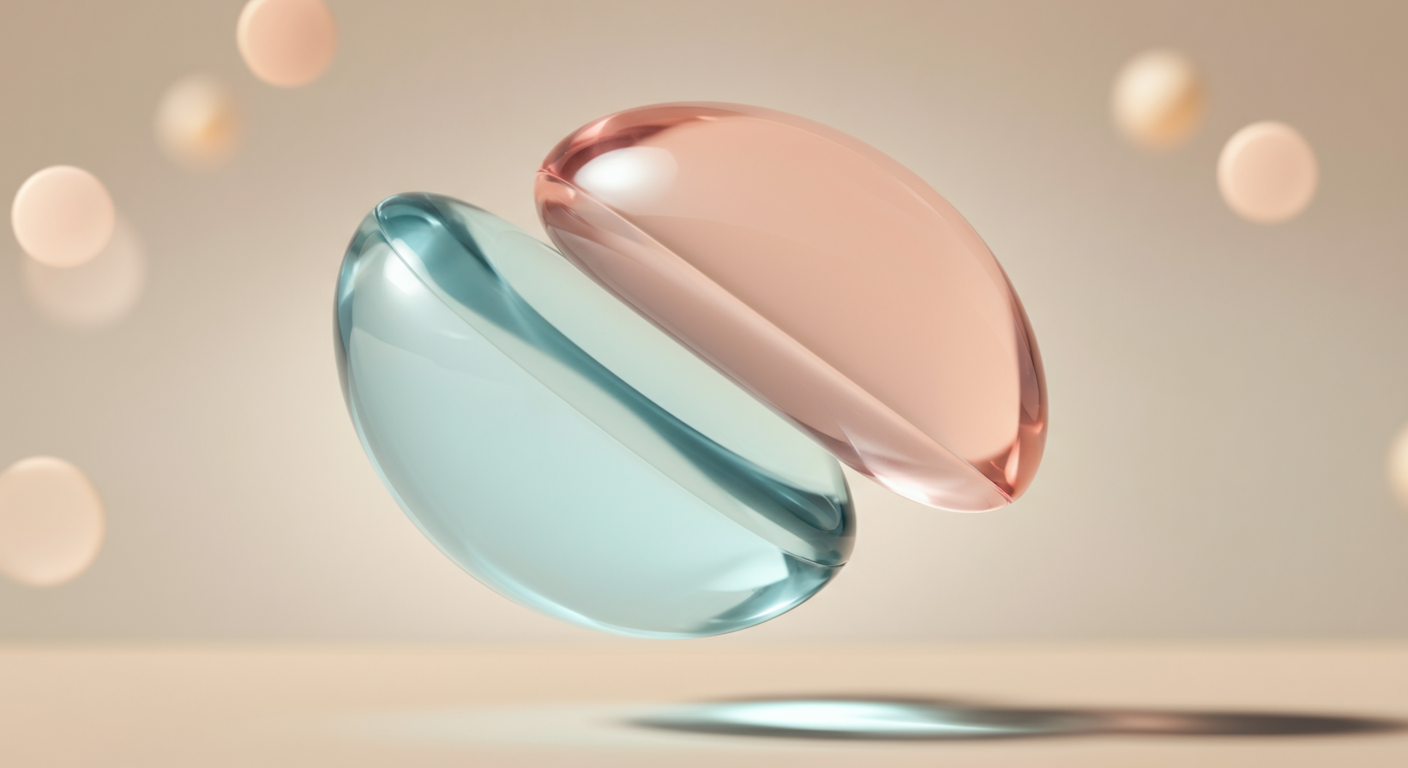 淡い青とピンクの半透明な図形が絡み合っている抽象的な写真。グルコサミンとコンドロイチンの関係を象徴している。