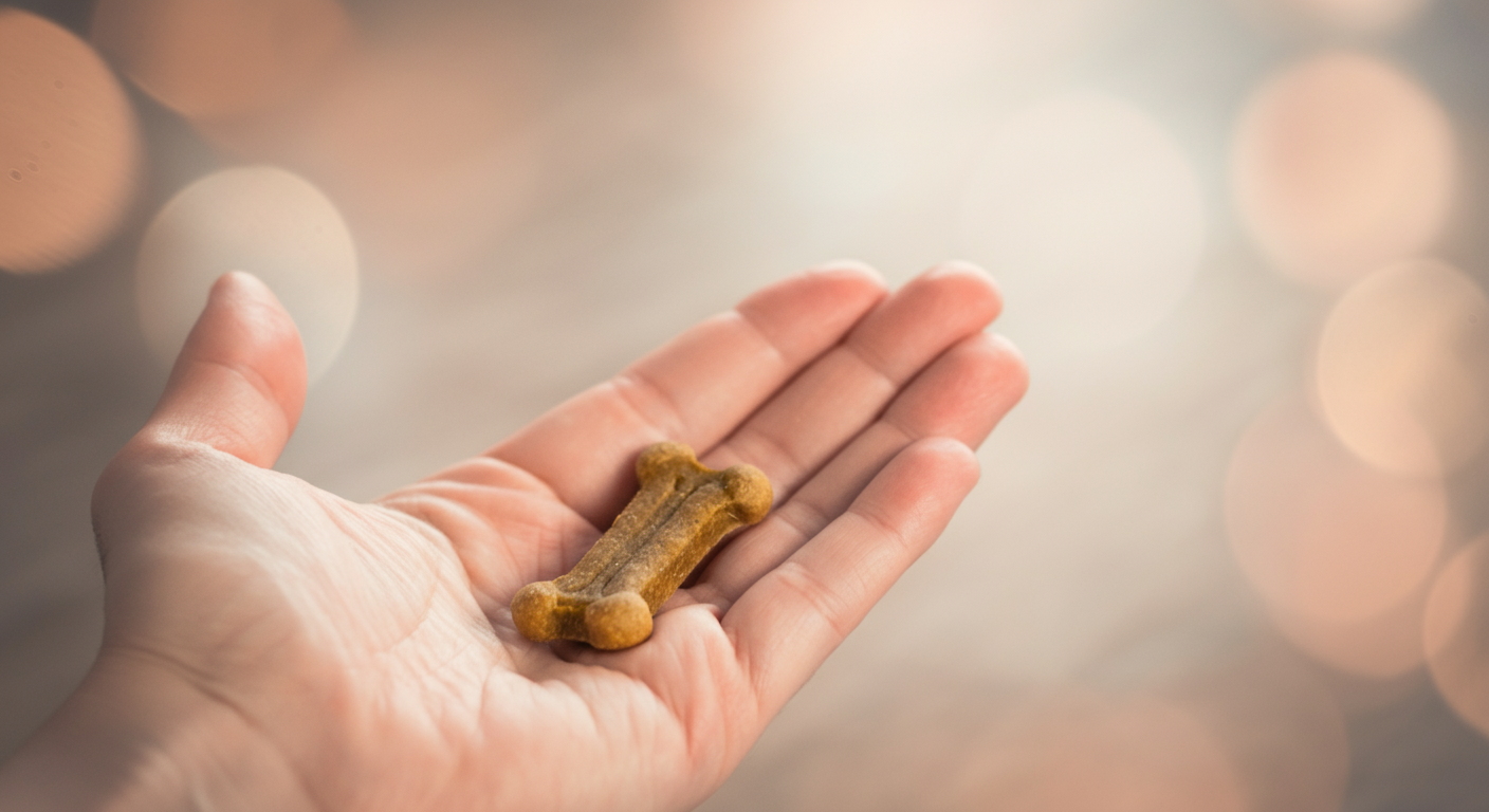 特別な犬用おやつを優しく握りしめている人間の手。